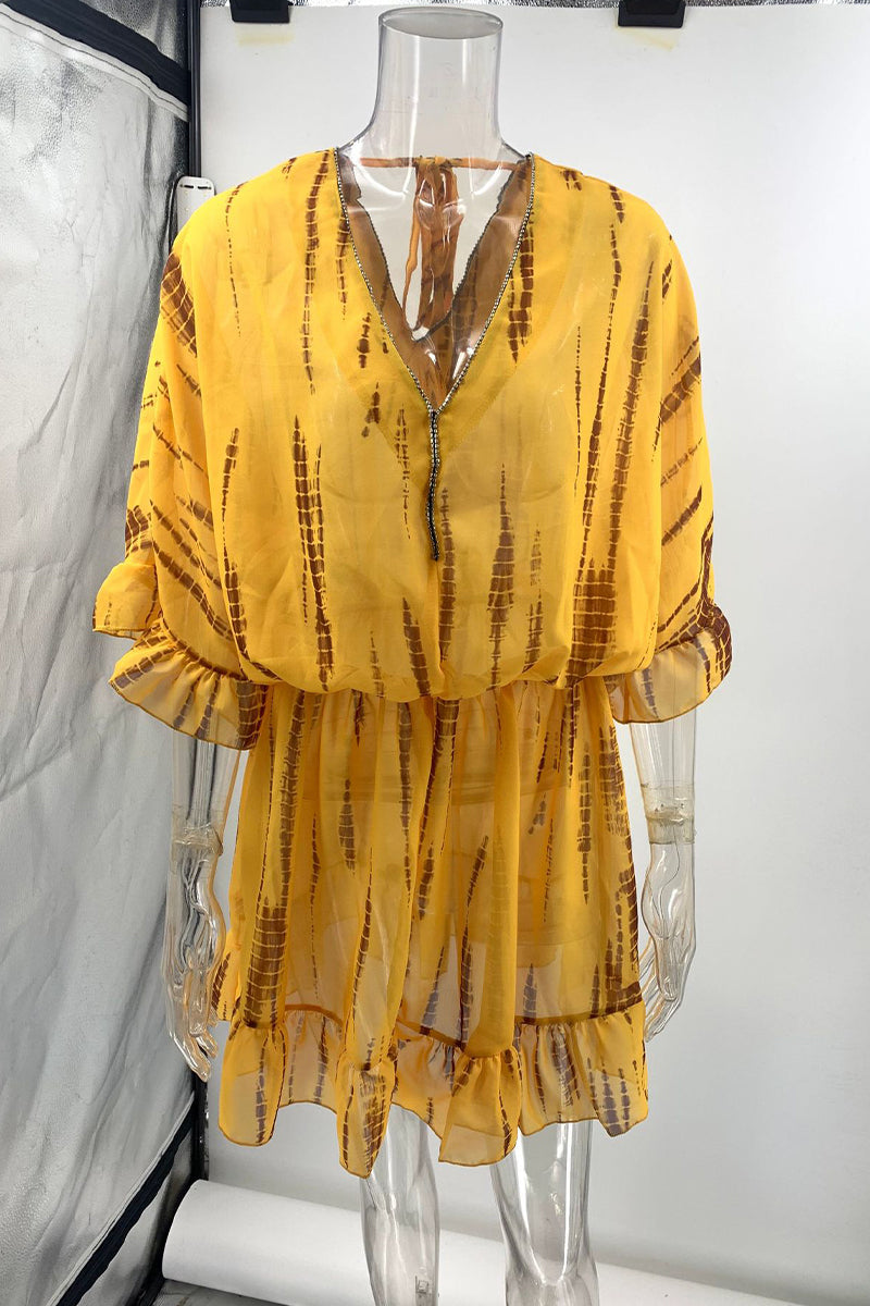 Robes décontractées de vacances, imprimé géométrique, volant, col en V, style A-line.