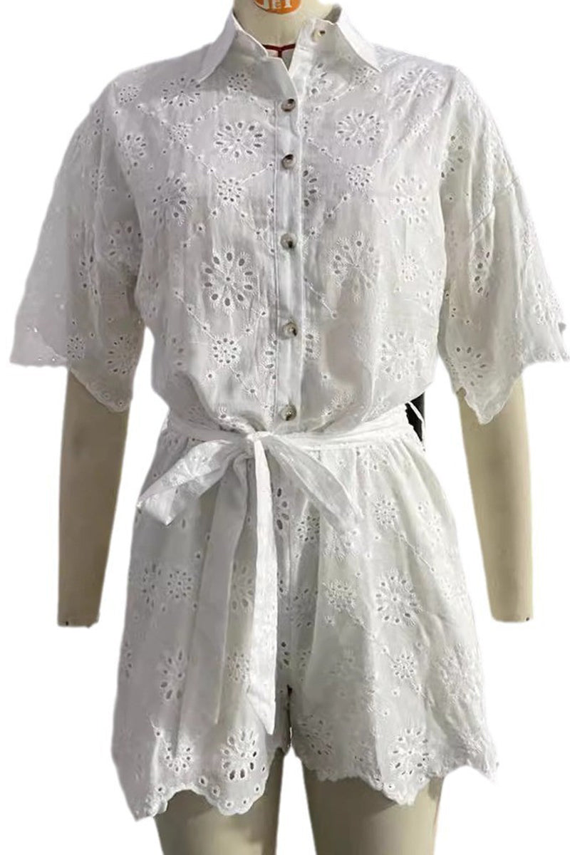 Combinaisons décontractées brodées, décolleté en V, manches courtes, style ample.