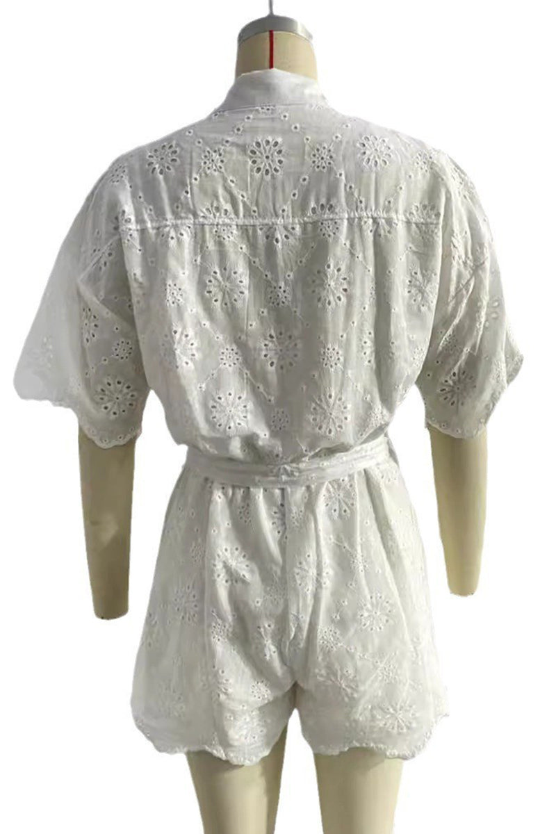 Combinaisons décontractées brodées, décolleté en V, manches courtes, style ample.