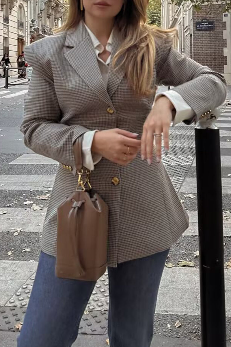 Vêtements d'extérieur décontractés à carreaux, boutonnés, patchwork, col montant contrasté.