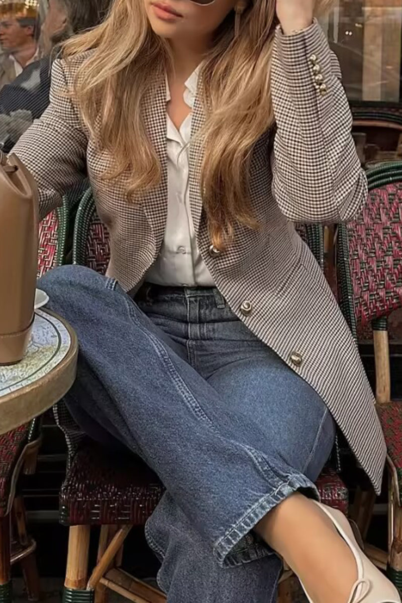 Vêtements d'extérieur décontractés à carreaux, boutonnés, patchwork, col montant contrasté.