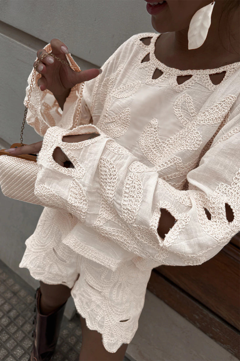 Ensemble deux pièces décontracté à manches longues, col rond, brodé et ajouré.