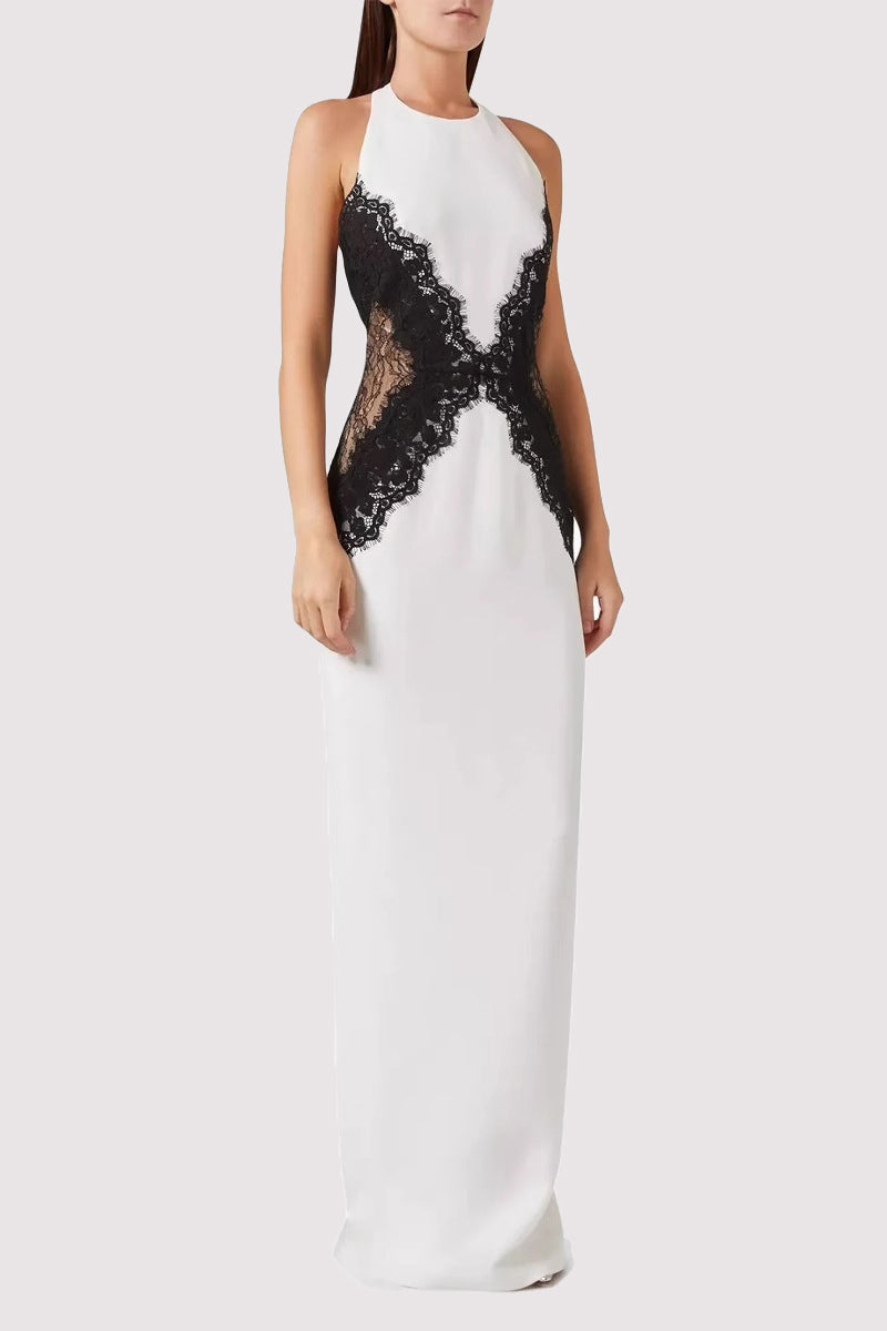 Longues robes halter dos nu en dentelle, couleur unie, contrastées et sexy.