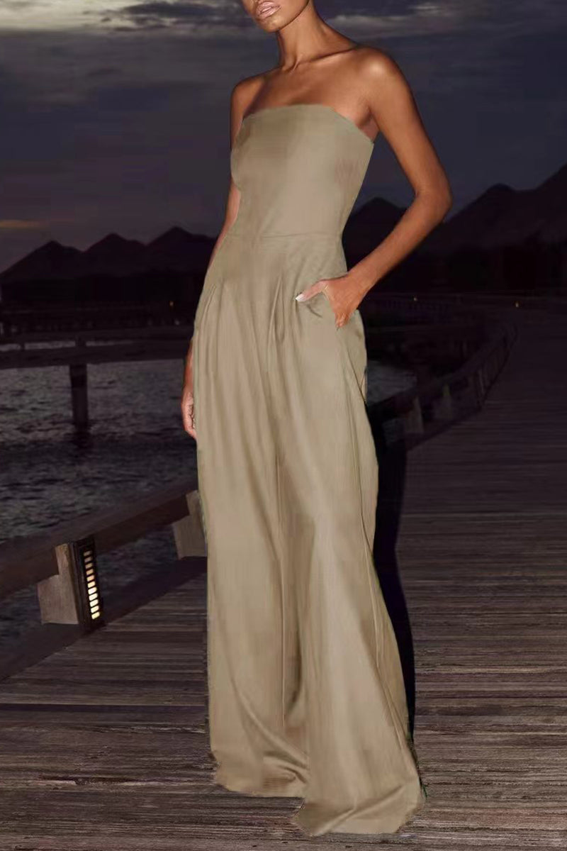 Jumpsuit ample, sans bretelles, dos nu, avec poches et patchwork, style décontracté (3 couleurs)