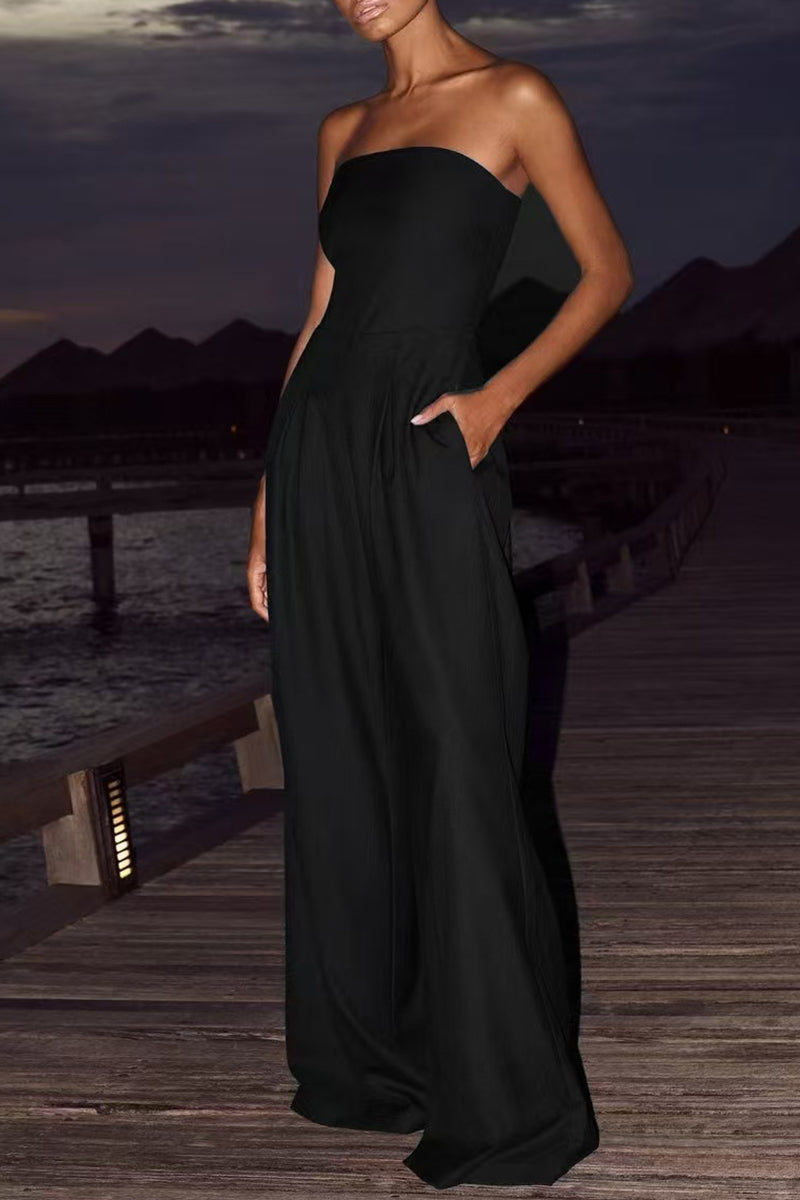 Jumpsuit ample, sans bretelles, dos nu, avec poches et patchwork, style décontracté (3 couleurs)