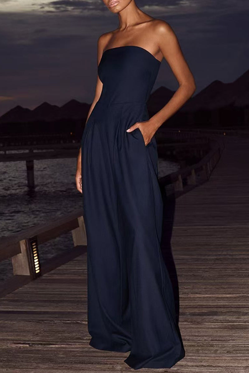 Jumpsuit ample, sans bretelles, dos nu, avec poches et patchwork, style décontracté (3 couleurs)