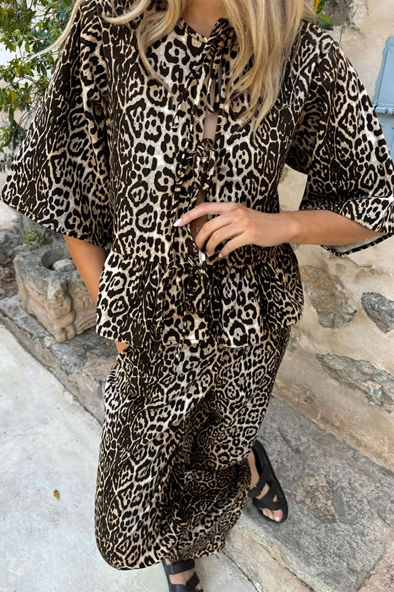 Casual Leopard Lace Up Contrast O Neck Short Sleeve Two Pieces
