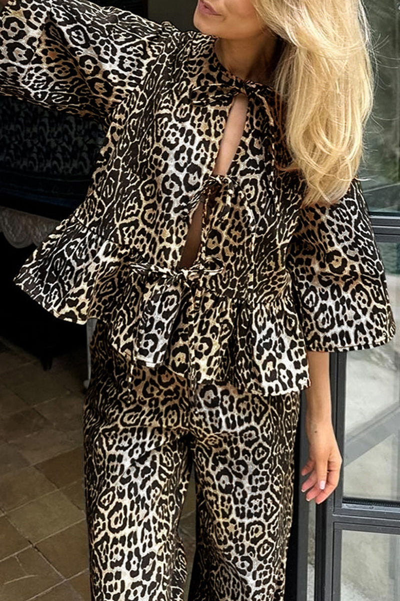 Casual Leopard Lace Up Contrast O Neck Short Sleeve Two Pieces