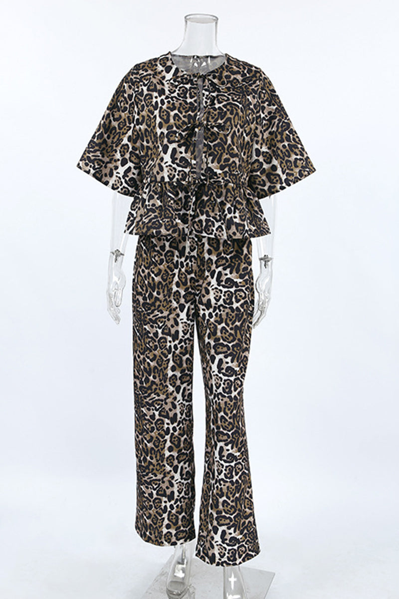 Casual Leopard Lace Up Contrast O Neck Short Sleeve Two Pieces