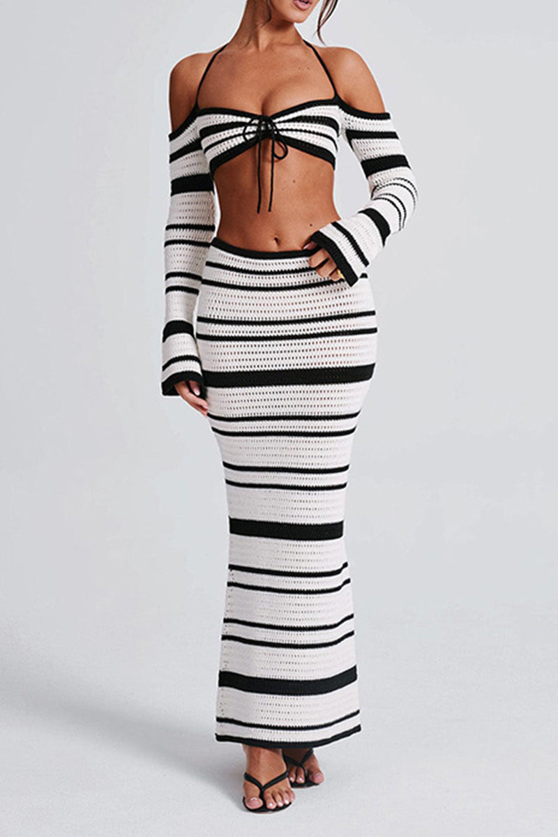 Sexy Stripe Strap Design Weave Contrast Halter Long Sleeve Two Pieces