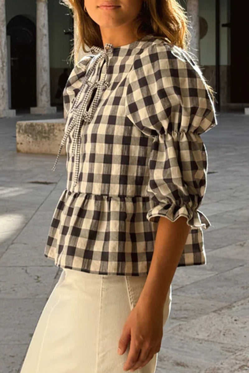 Hauts décontractés à carreaux, à lacets, col rond contrastant