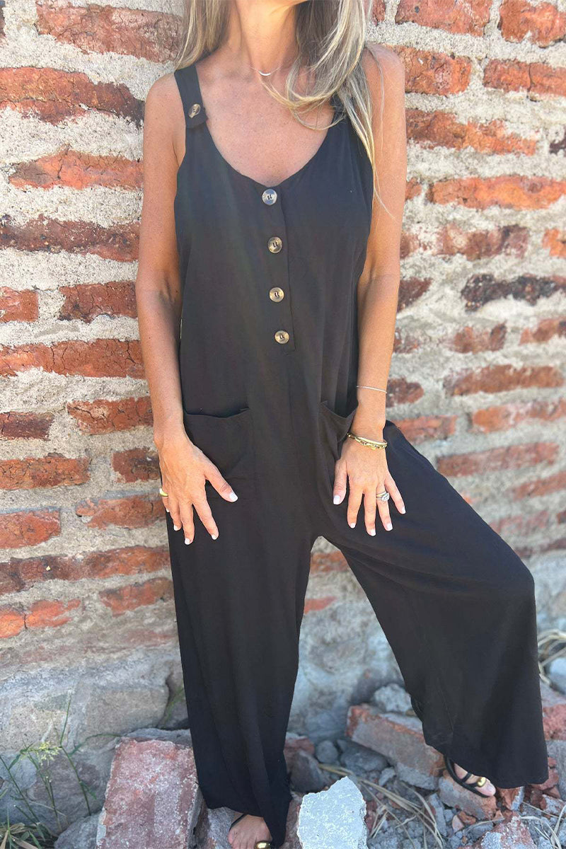 Combinaisons décontractées à poches, boutons, dos nu, col en U et jambes évasées (3 couleurs)