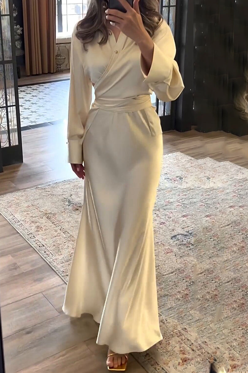 Elegant Solid Color Buttons Ruched Turndown Collar Long Sleeve Two Pieces