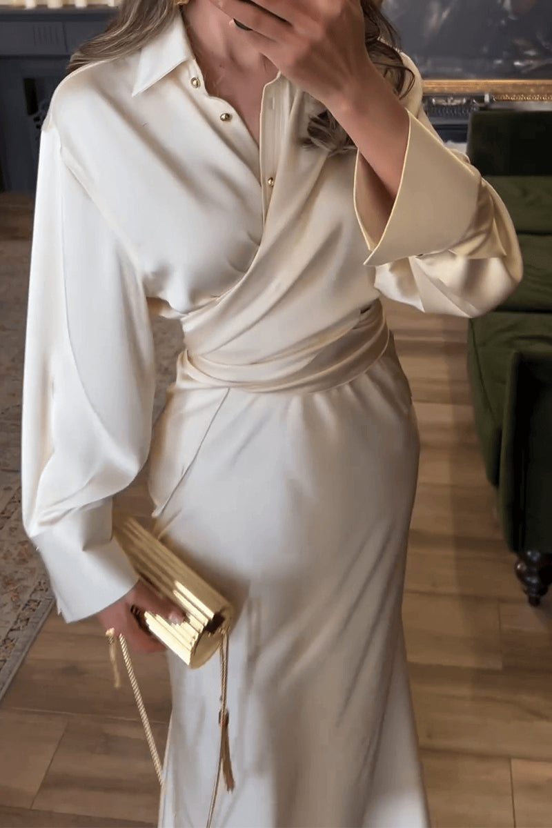 Elegant Solid Color Buttons Ruched Turndown Collar Long Sleeve Two Pieces