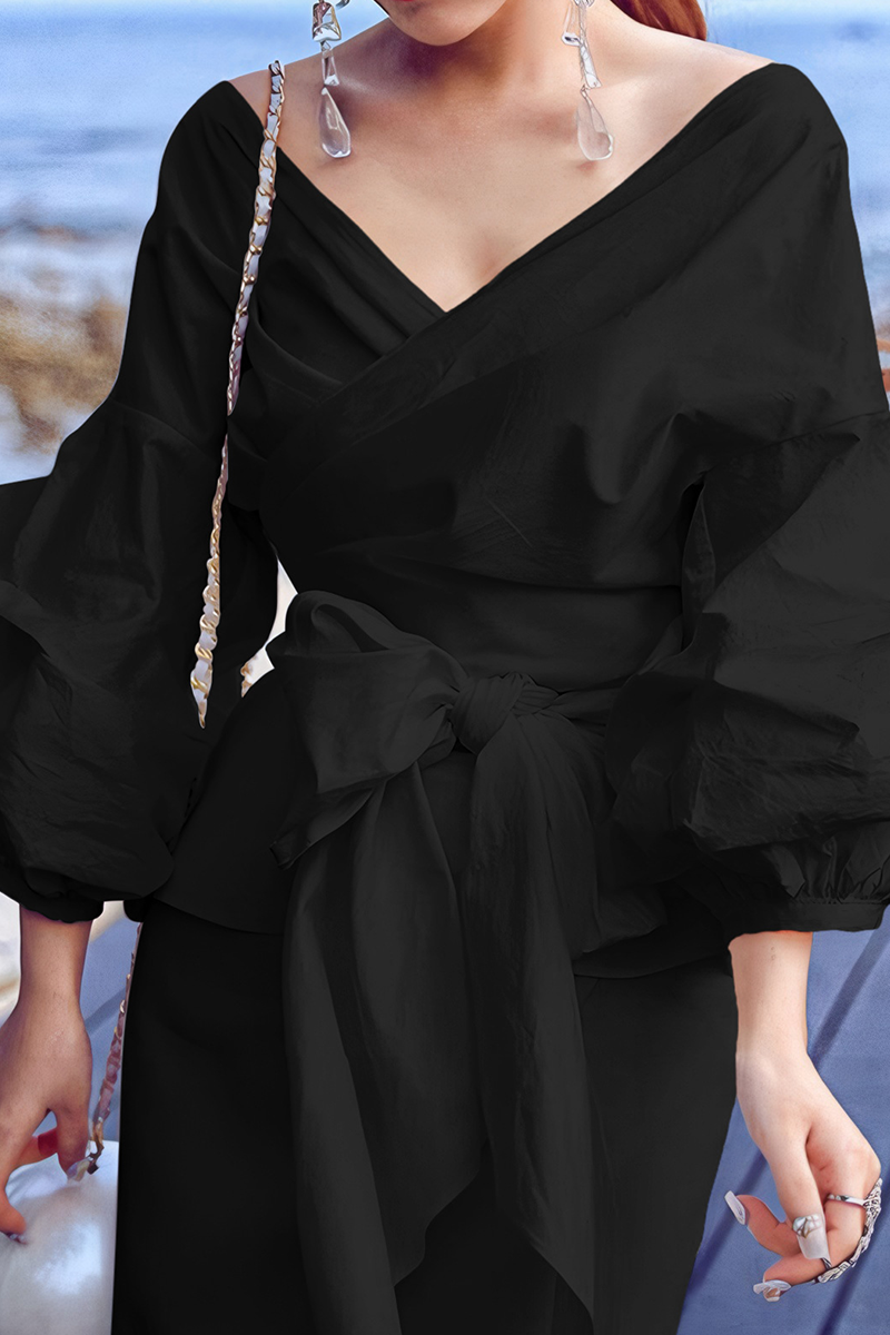 Casual Solid Color Patchwork Strap Design V Neck Tops