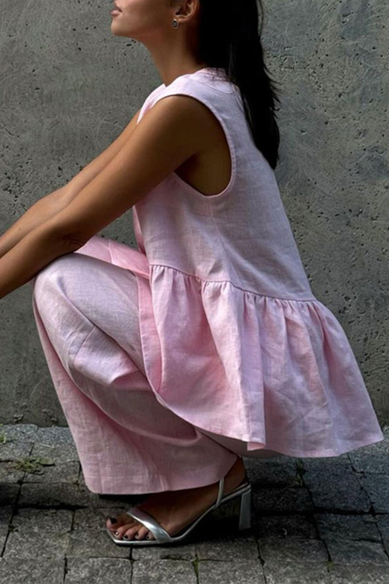 Ensemble deux pièces décontracté, col en V, sans manches, à boutons.