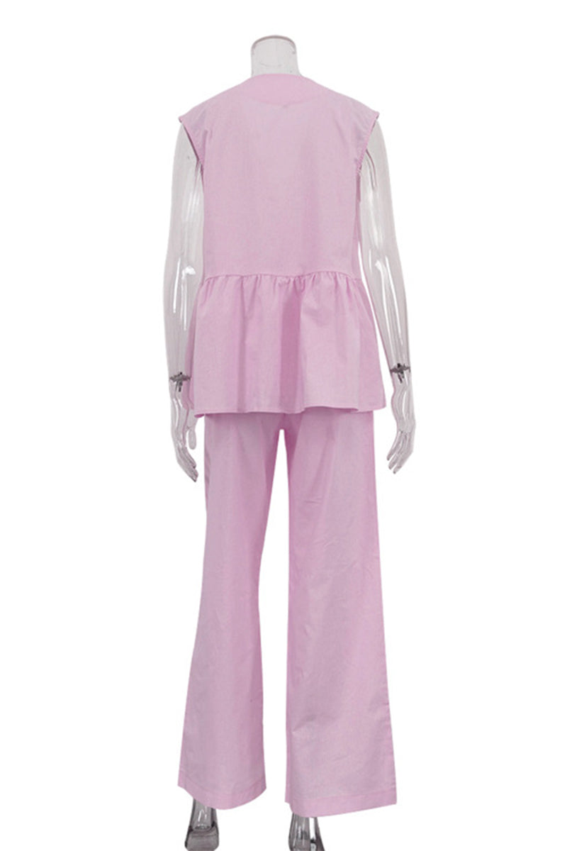 Ensemble deux pièces décontracté, col en V, sans manches, à boutons.