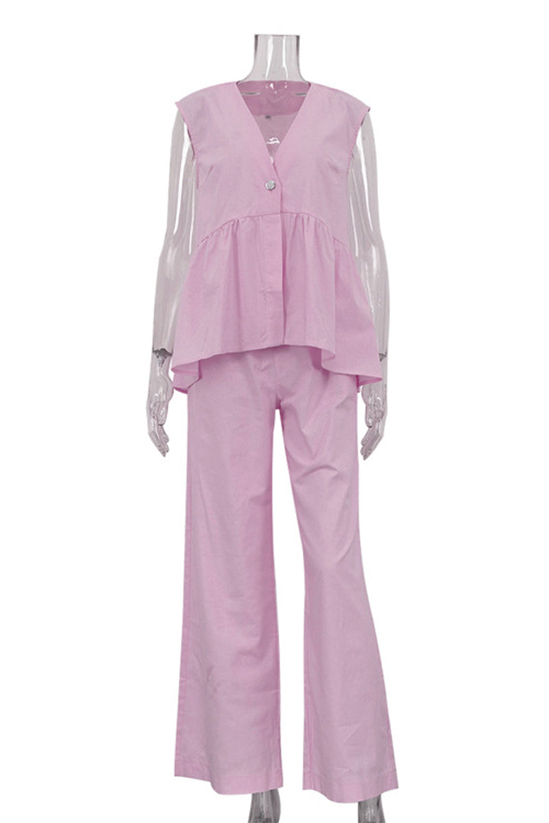 Ensemble deux pièces décontracté, col en V, sans manches, à boutons.