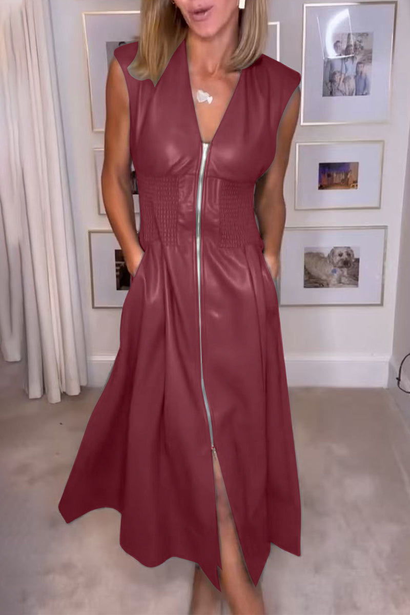 Robes décontractées sans manches, avec poches, col en V et fermeture éclair (3 couleurs)