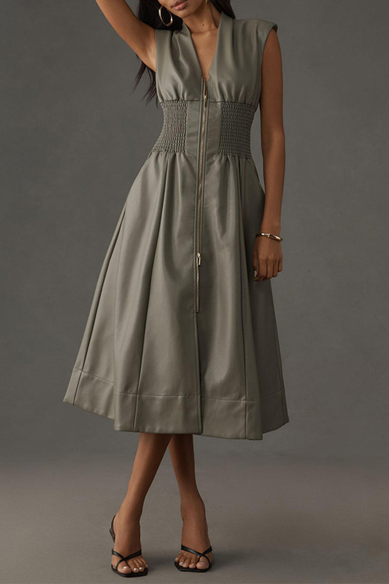 Robes décontractées sans manches, avec poches, col en V et fermeture éclair (3 couleurs)