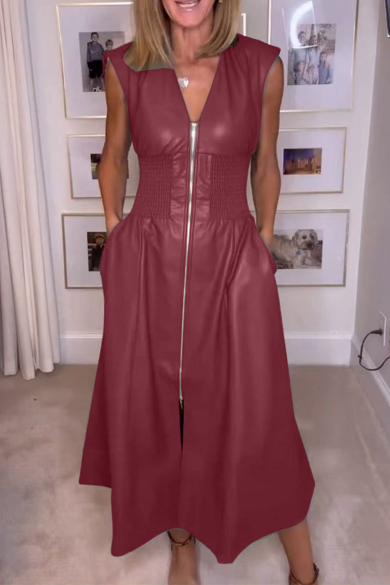 Robes décontractées sans manches, avec poches, col en V et fermeture éclair (3 couleurs)