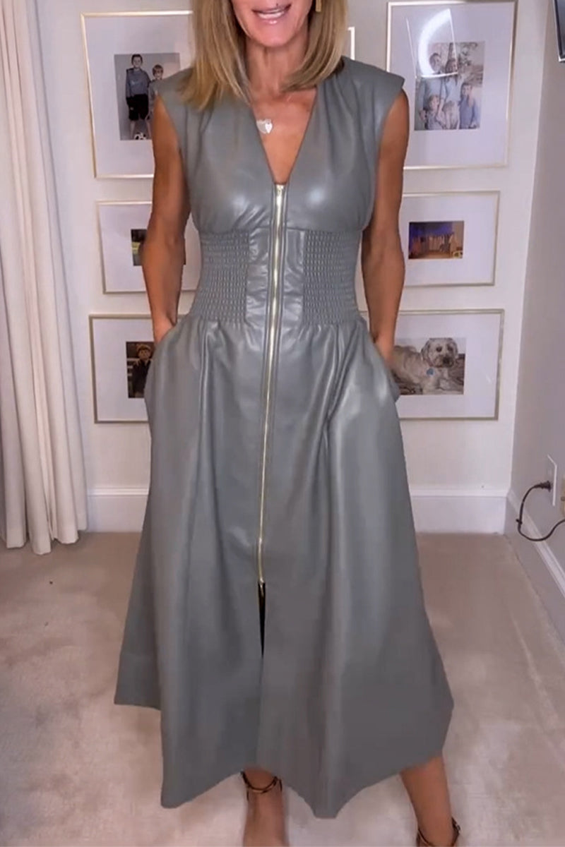 Robes décontractées sans manches, avec poches, col en V et fermeture éclair (3 couleurs)