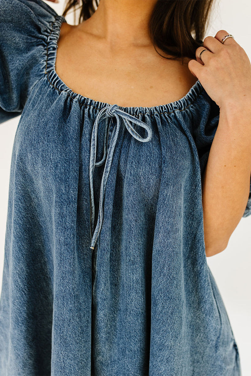 Robes en jean décontractées, manches courtes, col carré, poches, cordon de serrage (3 couleurs)