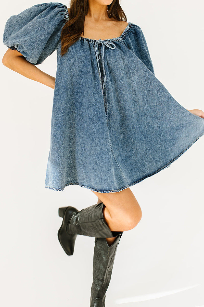 Robes en jean décontractées, manches courtes, col carré, poches, cordon de serrage (3 couleurs)