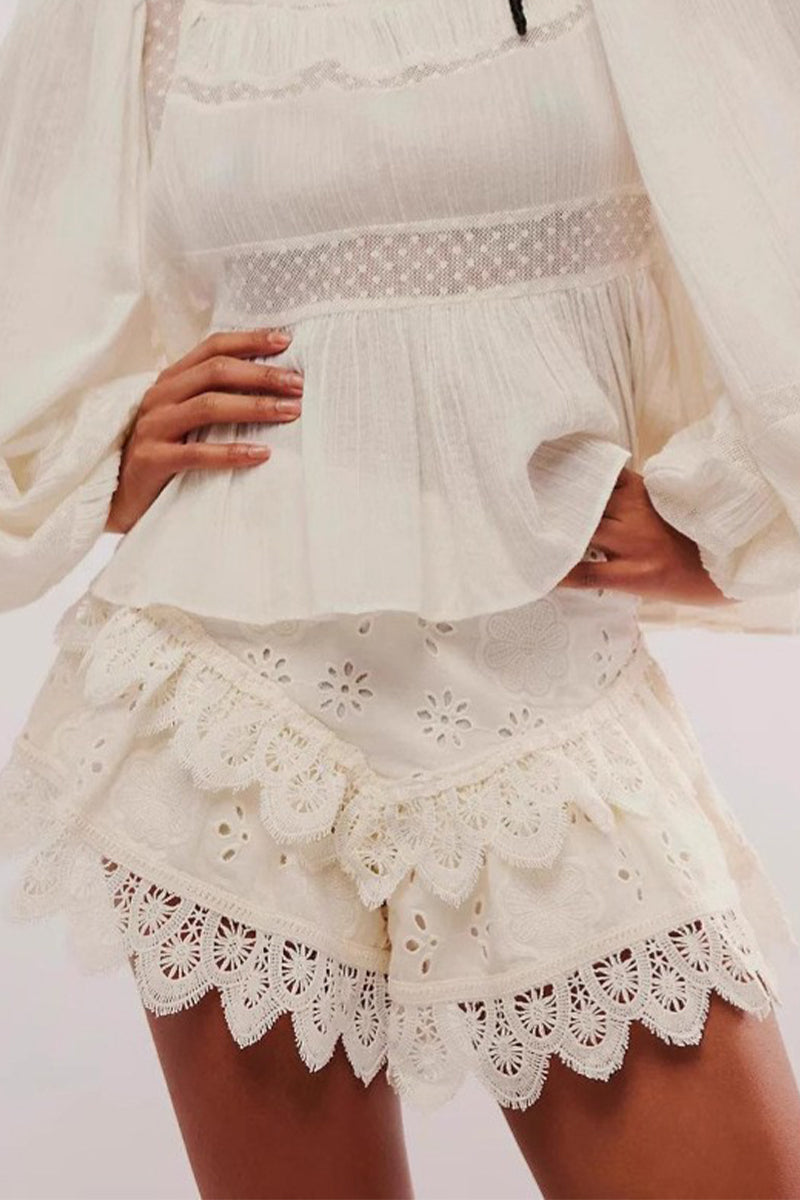 Casual Lace Flounce High Waist Type A Solid Color Bottoms