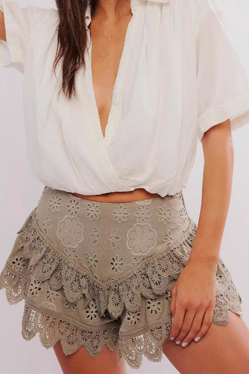 Casual Lace Flounce High Waist Type A Solid Color Bottoms