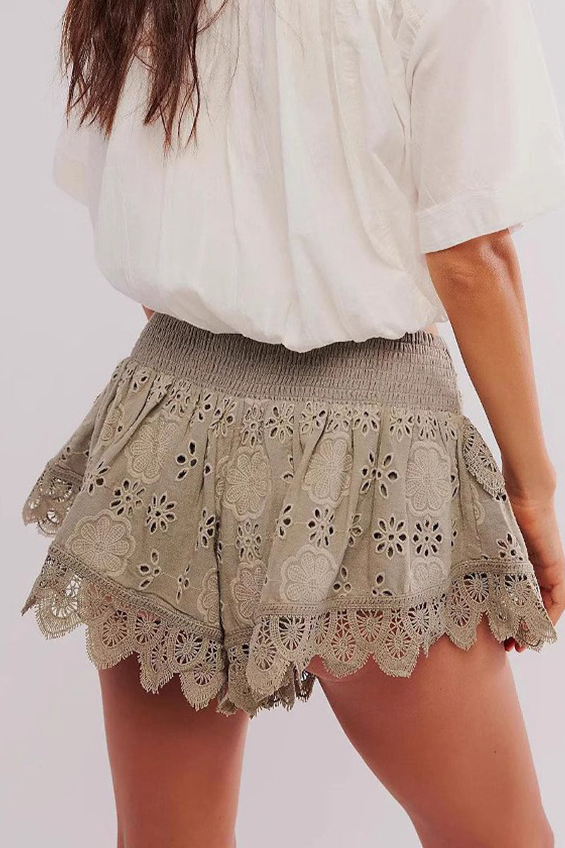 Casual Lace Flounce High Waist Type A Solid Color Bottoms