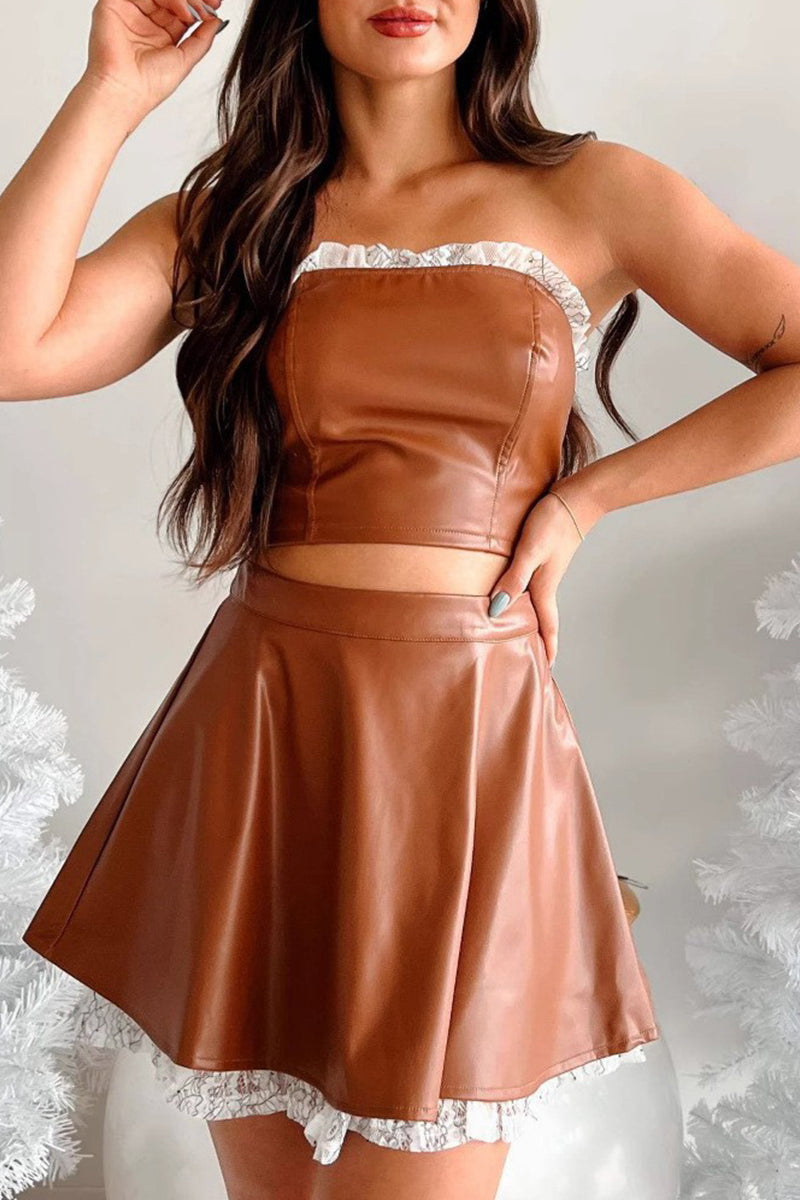 Sexy Spitzen-Patchwork-Reißverschluss-Trägerloses-Ärmelloses-Zweiteiler