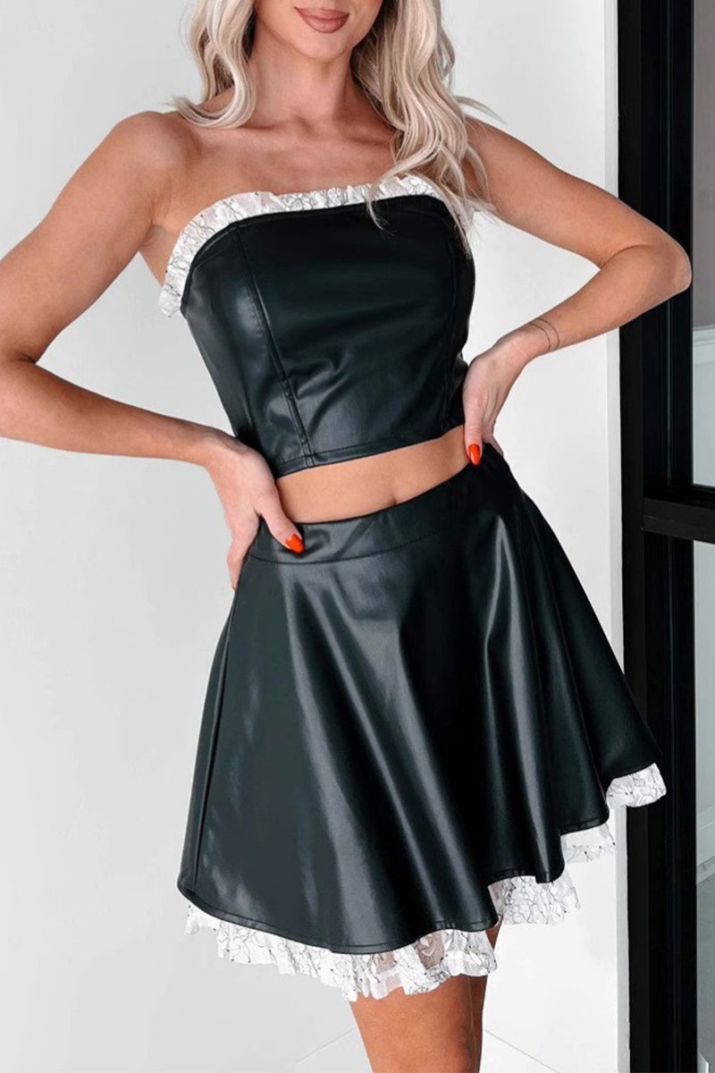 Sexy Spitzen-Patchwork-Reißverschluss-Trägerloses-Ärmelloses-Zweiteiler