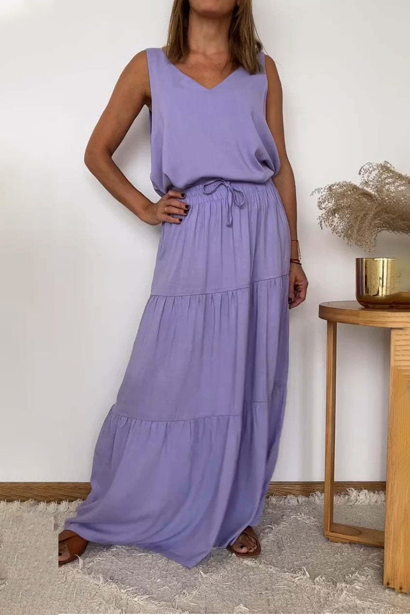 Casual Lace Up Flounce V Neck Sleeveless Two Pieces(6 Colors)