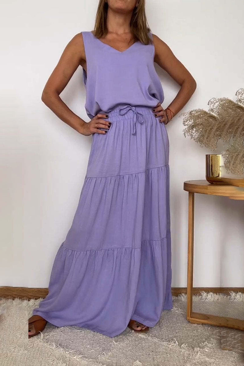 Casual Lace Up Flounce V Neck Sleeveless Two Pieces(6 Colors)