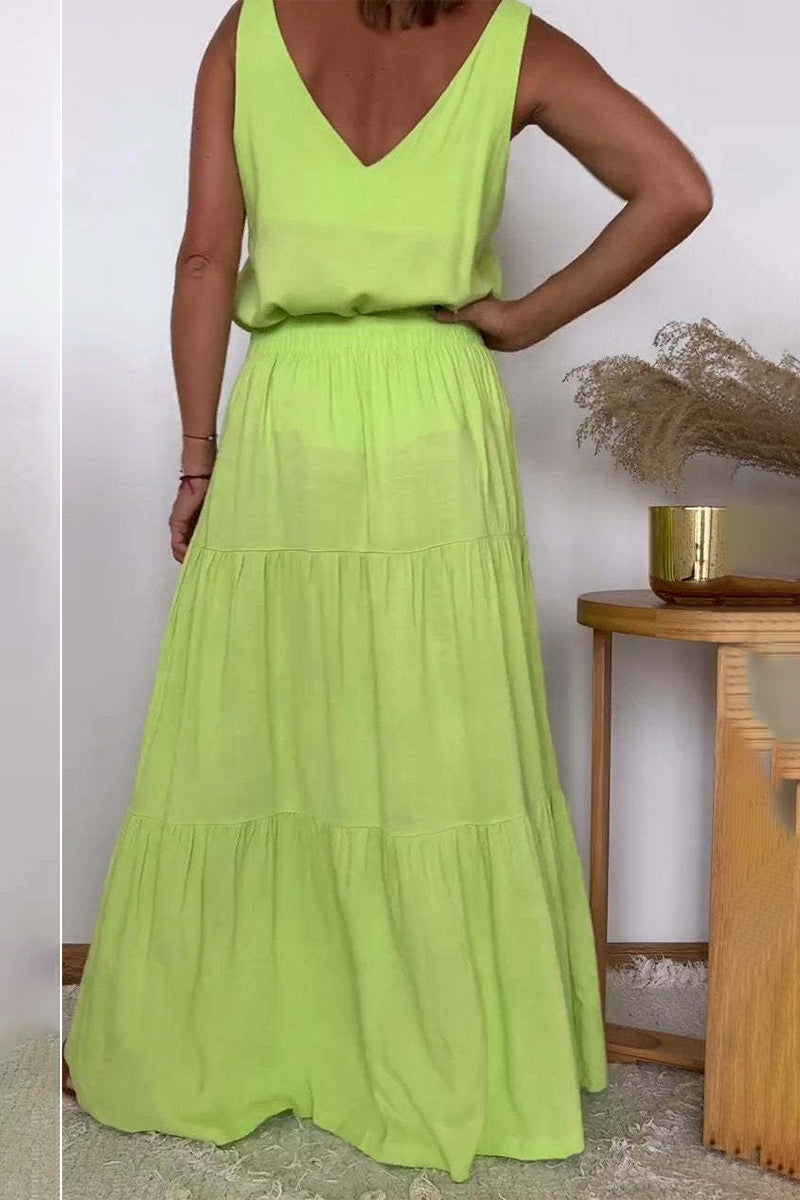 Casual Lace Up Flounce V Neck Sleeveless Two Pieces(6 Colors)