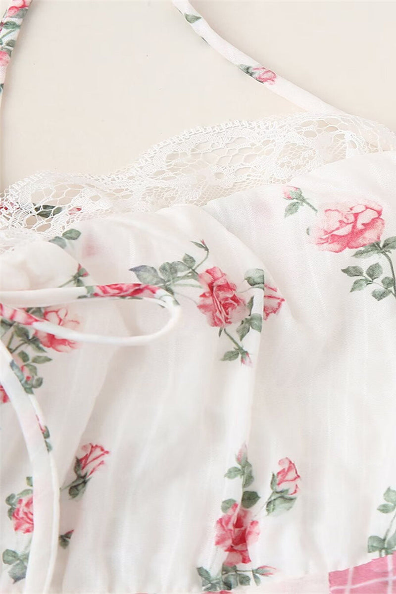 Elegant Floral Print Lace Draw String Backless Contrast Halter Long Dresses