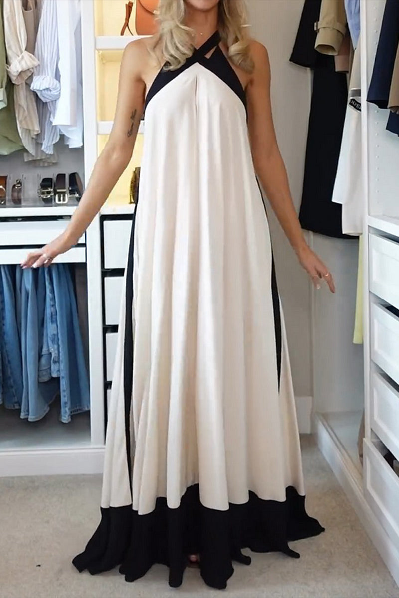 Robes longues décontractées en patchwork avec contraste et dos nu.