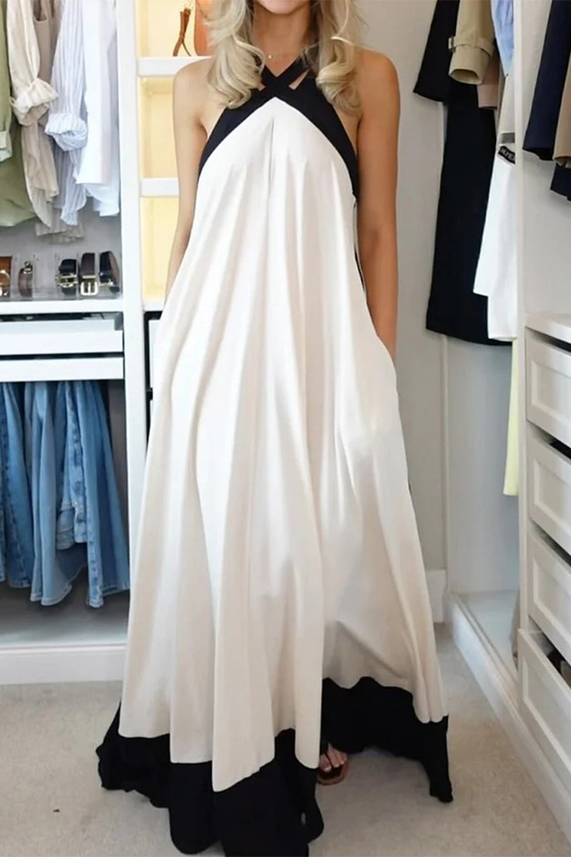 Robes longues décontractées en patchwork avec contraste et dos nu.