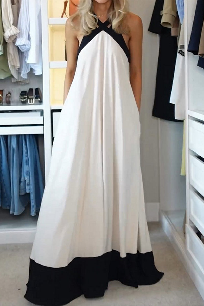 Robes longues décontractées en patchwork avec contraste et dos nu.