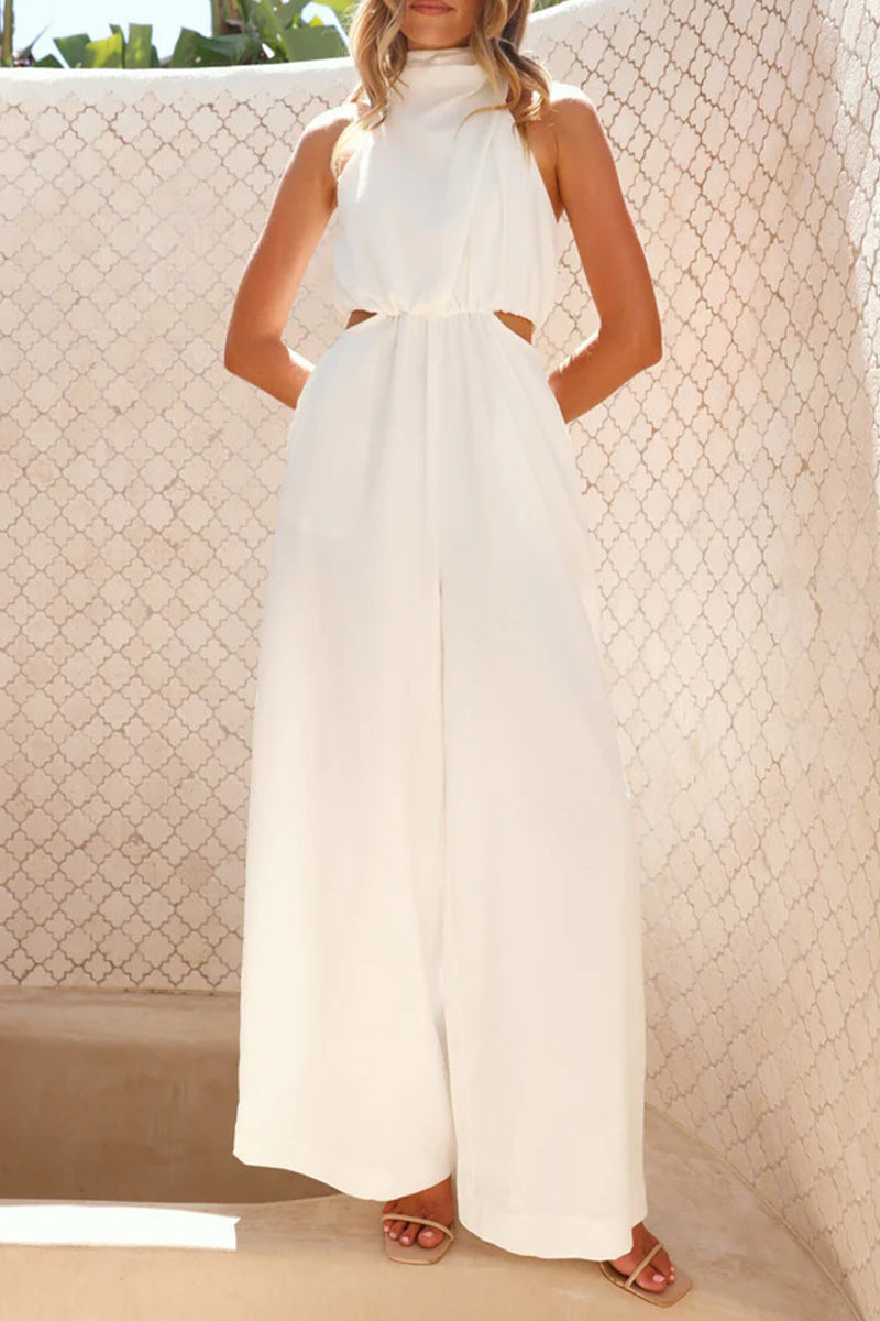 Jumpsuit ample casual à col halter avec poches et découpes (4 couleurs)