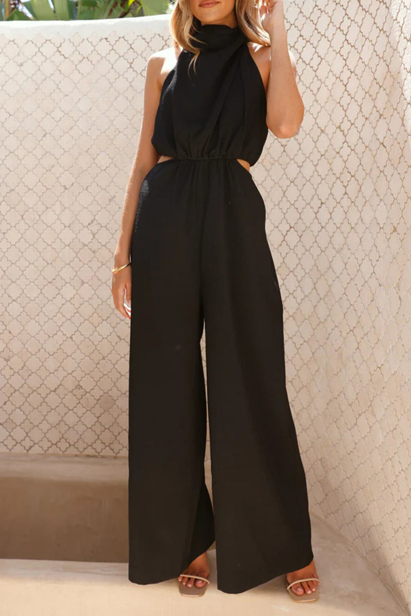 Jumpsuit ample casual à col halter avec poches et découpes (4 couleurs)
