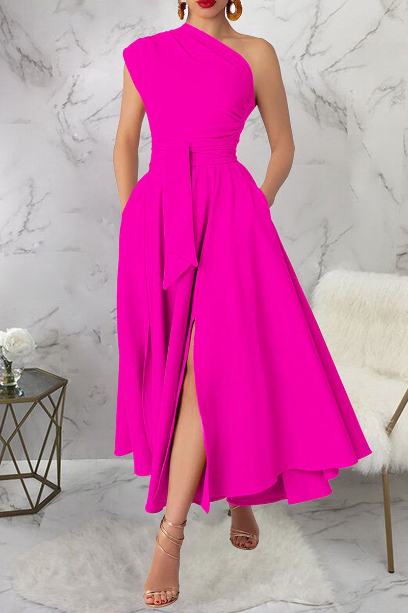 Casual Slit Oblique Collar Long Dresses(3 Colors)