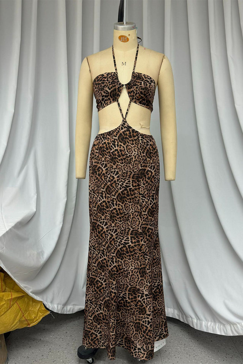Sexy Leopard Backless Strap Design Halter Irregular Dresses