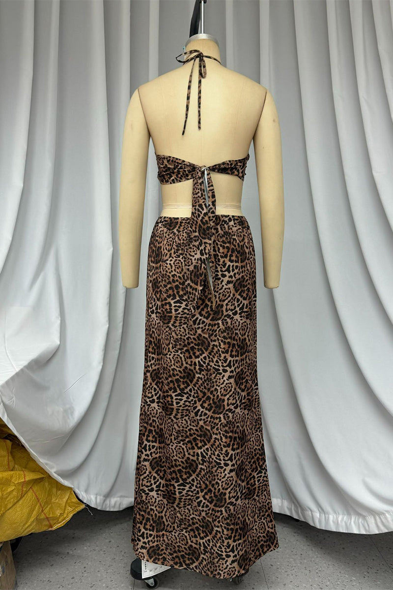 Sexy Leopard Backless Strap Design Halter Irregular Dresses