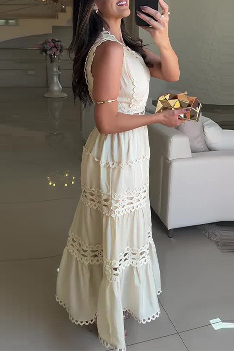 Robes décontractées brodées, décolleté en V, sans manches, ajourées