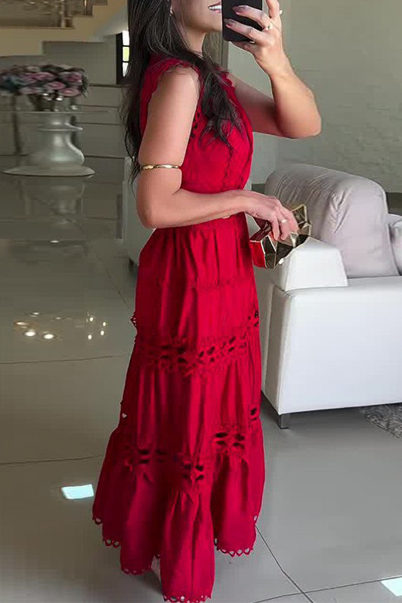 Robes décontractées brodées, décolleté en V, sans manches, ajourées