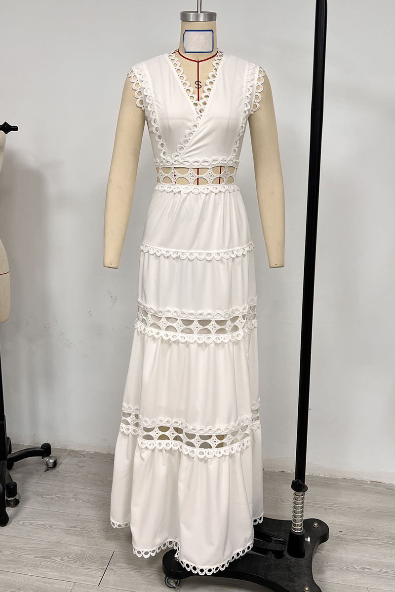 Robes décontractées brodées, décolleté en V, sans manches, ajourées