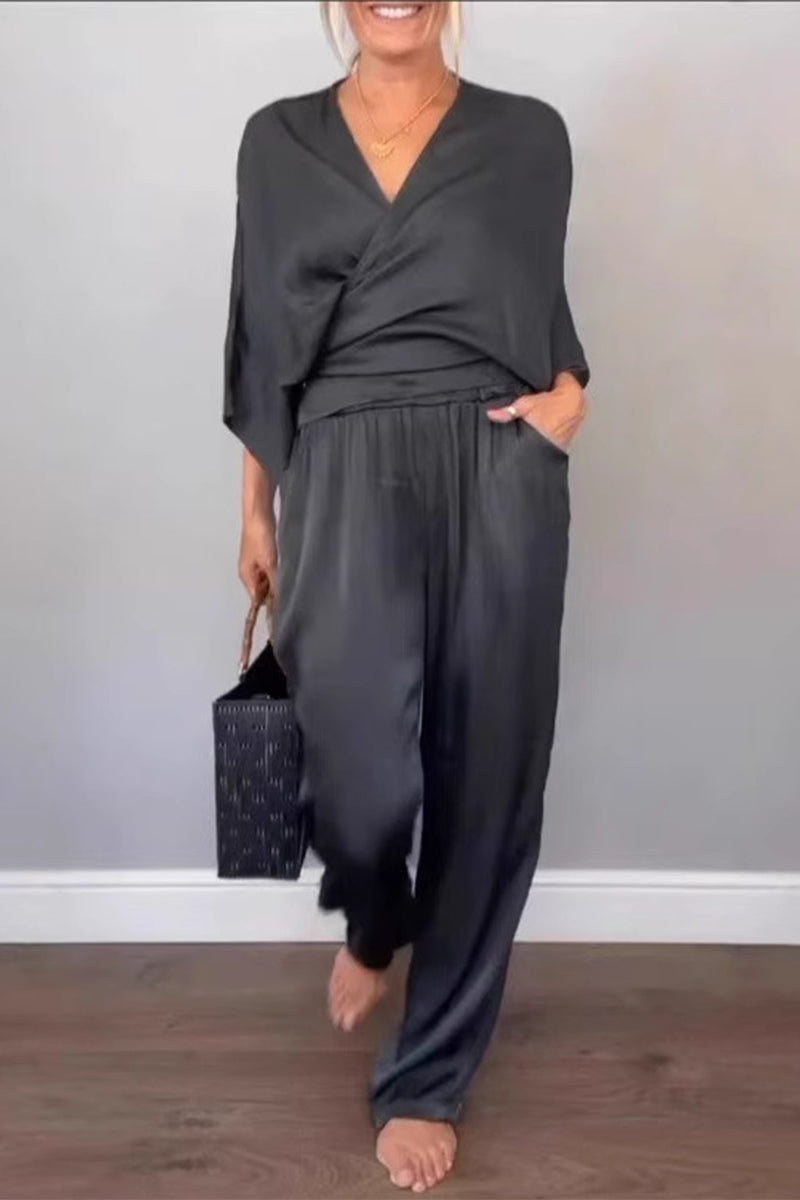 Casual Pocket V Neck Three Quarter Two Pieces(7 Colors)