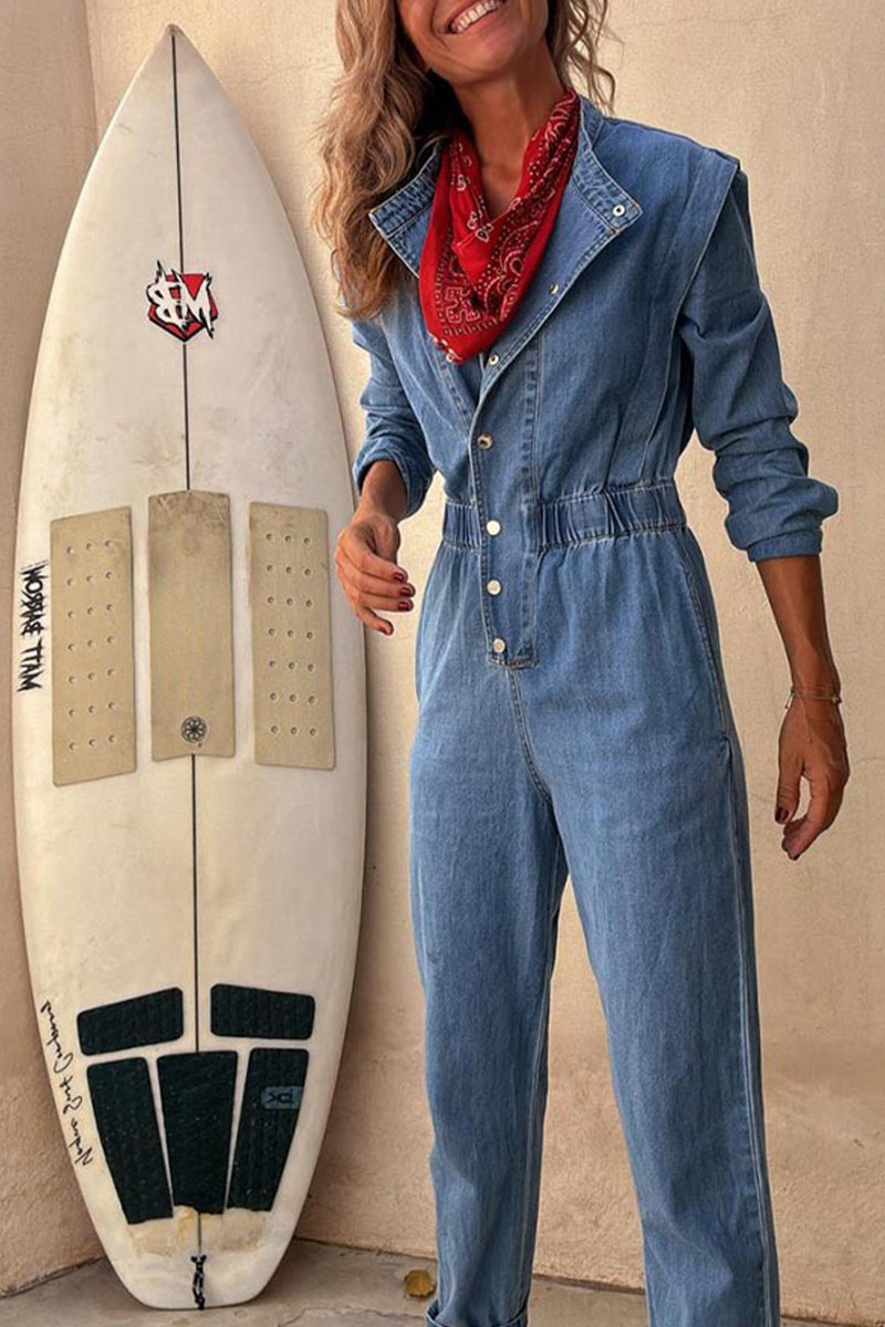 Combinaisons en jean casual, couleur unie, effet usé, poches, boucle, col rond, manches longues, taille standard.